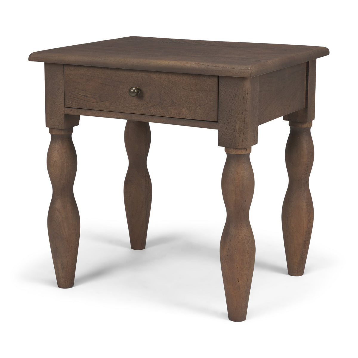 Angeline Spool Turned End Table, Dark Brown Wood, 1 Drawer