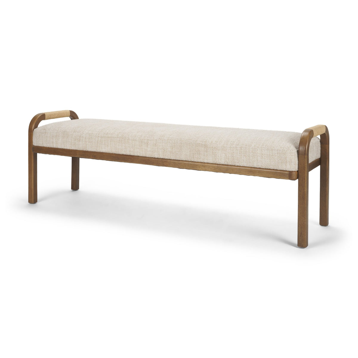 Freya Upholstered Bench, Oatmeal Fabric, Brown Wood Frame