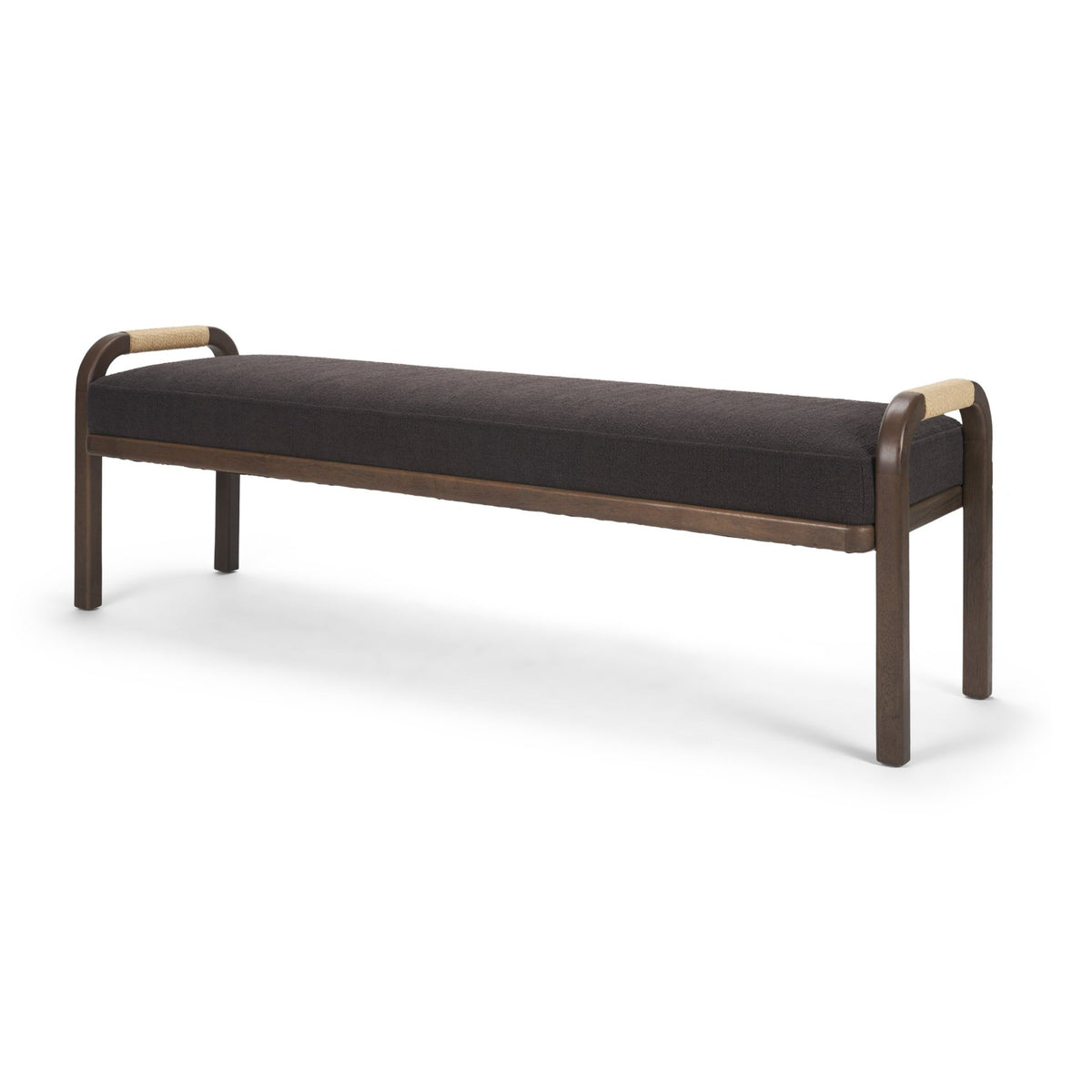 Freya Upholstered Bench, Charcoal Fabric, Brown Wood Frame