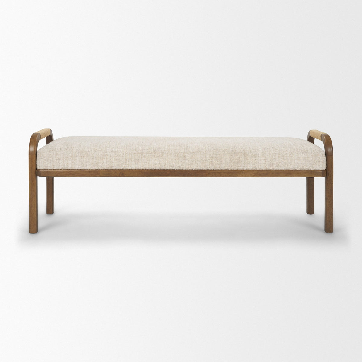 Freya Upholstered Bench, Oatmeal Fabric, Brown Wood Frame