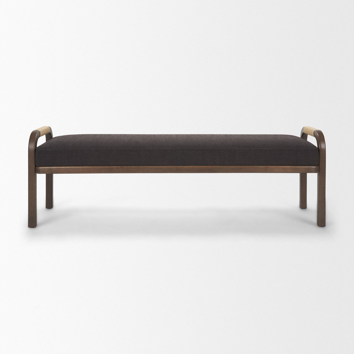 Freya Upholstered Bench, Charcoal Fabric, Brown Wood Frame