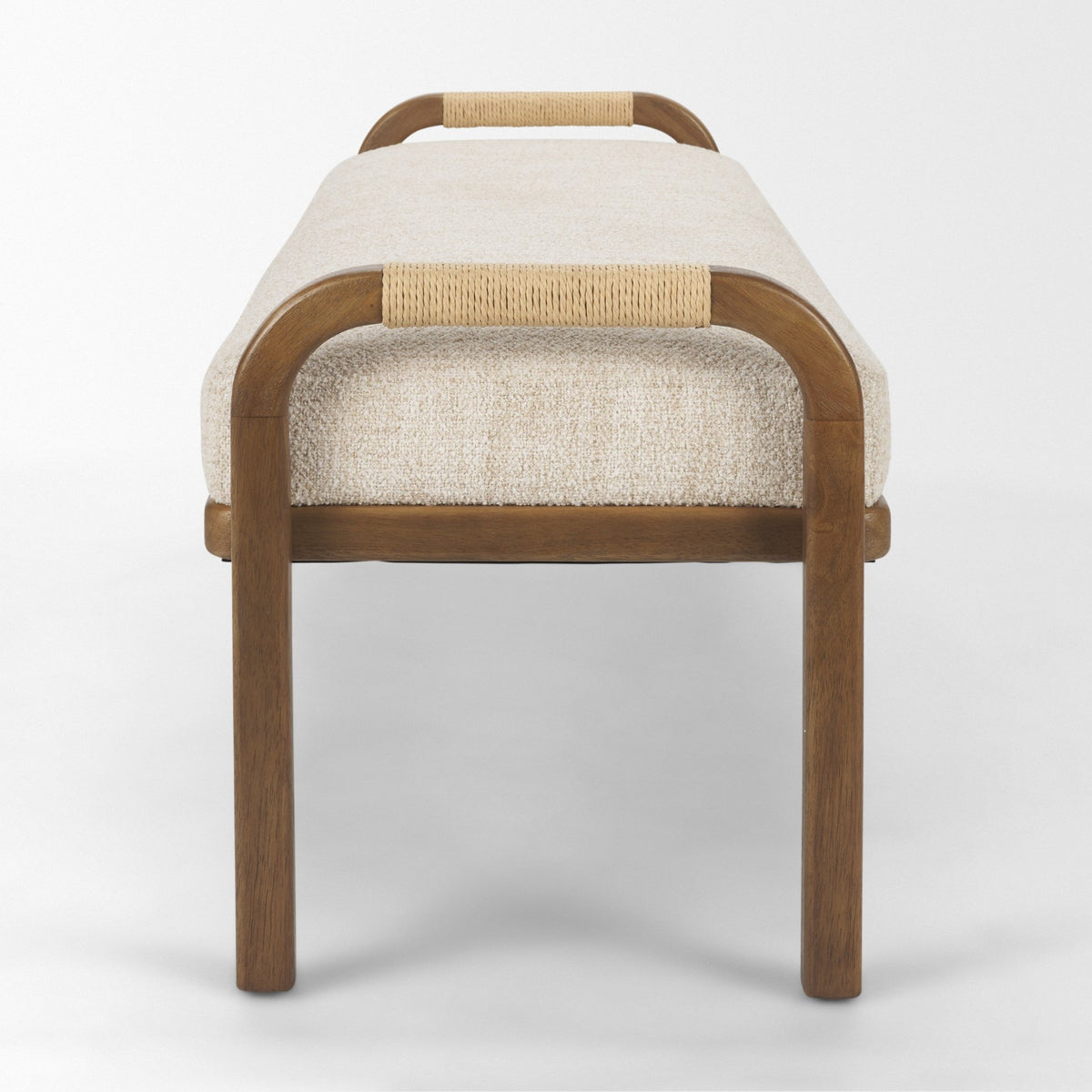 Freya Upholstered Bench, Oatmeal Fabric, Brown Wood Frame