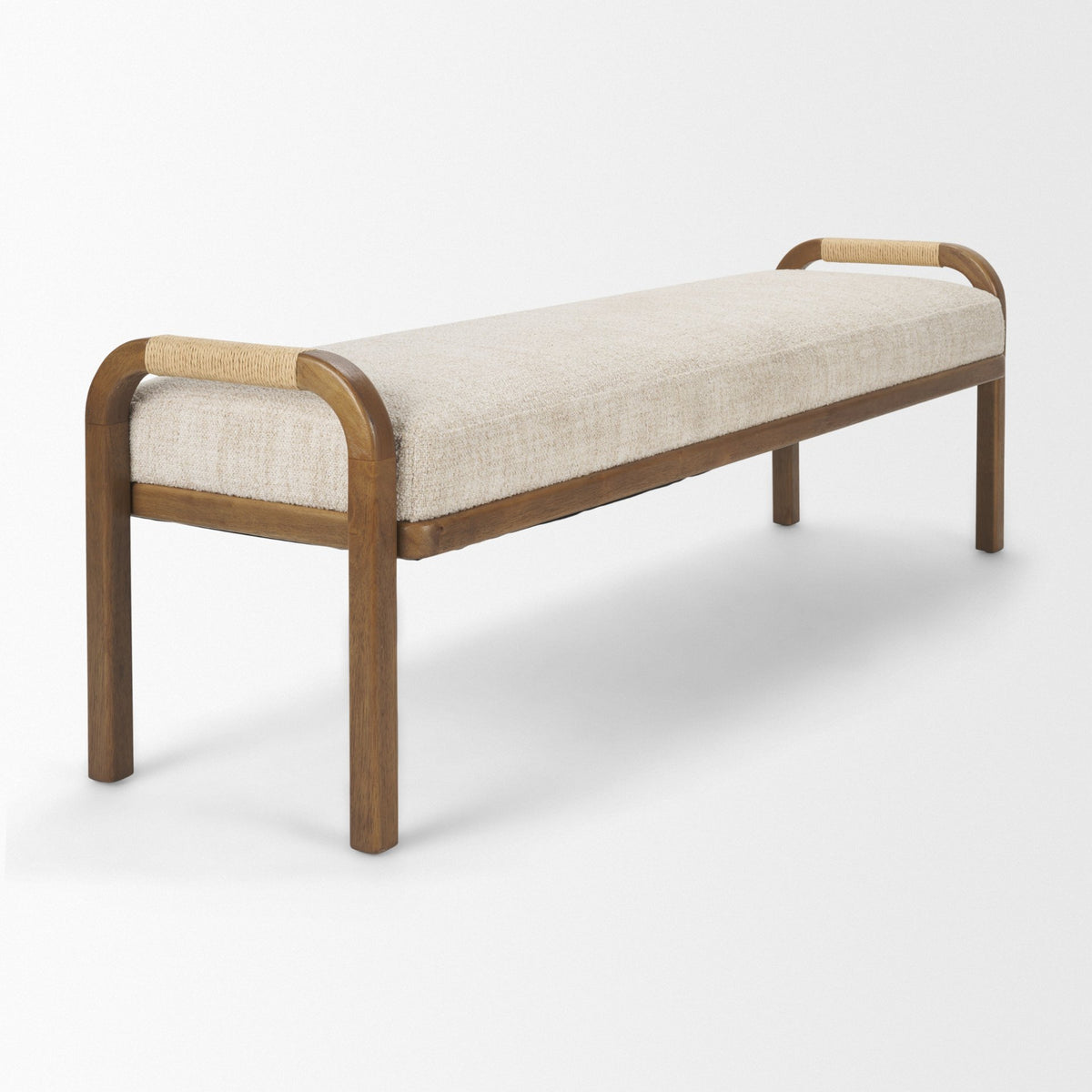 Freya Upholstered Bench, Oatmeal Fabric, Brown Wood Frame