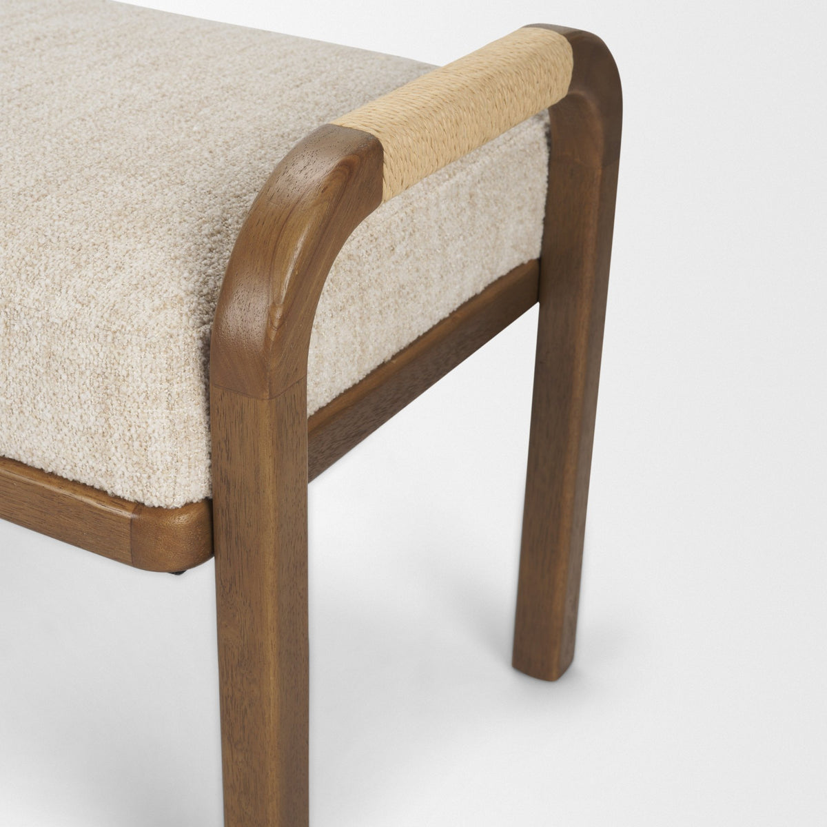 Freya Upholstered Bench, Oatmeal Fabric, Brown Wood Frame