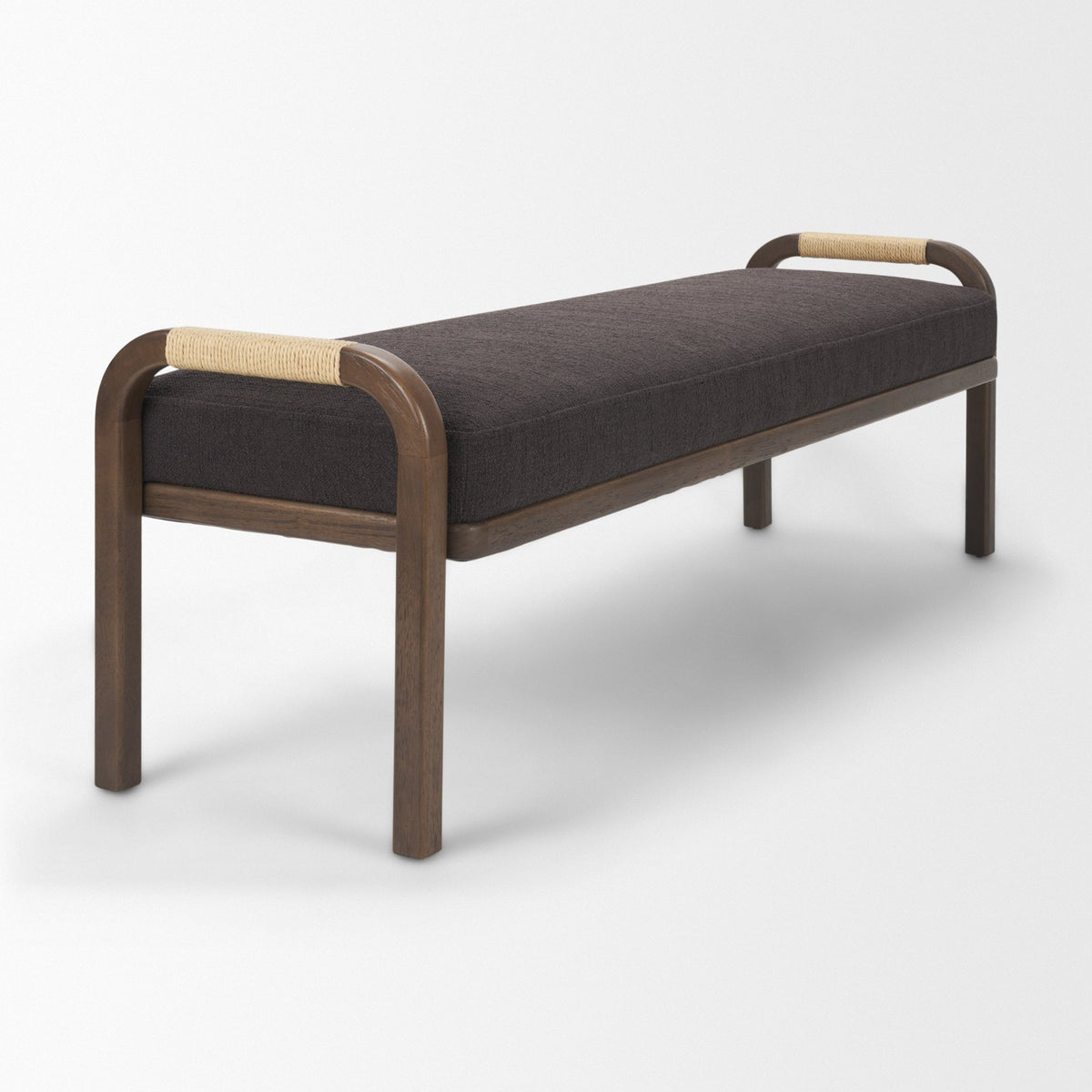 Freya Upholstered Bench, Charcoal Fabric, Brown Wood Frame