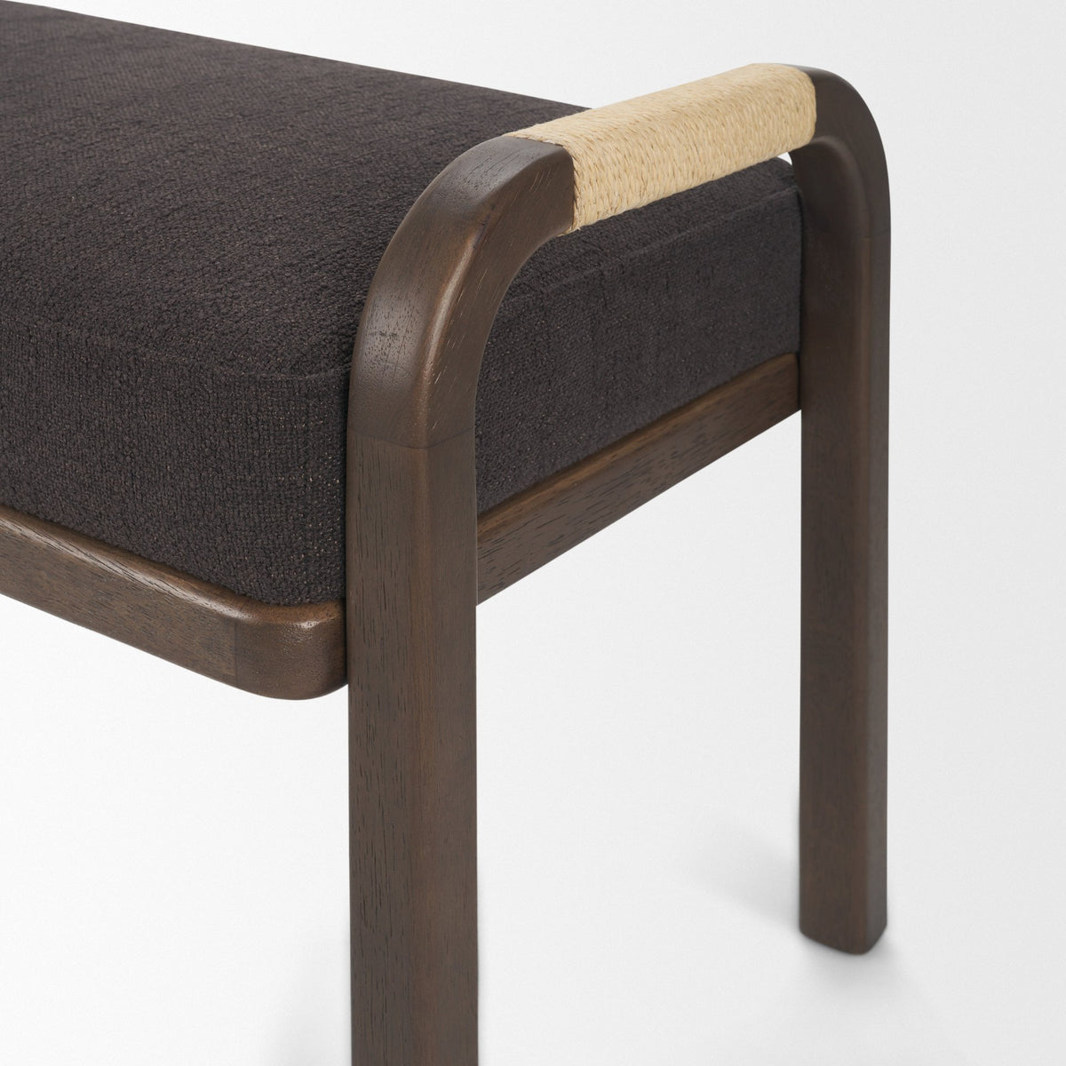 Freya Upholstered Bench, Charcoal Fabric, Brown Wood Frame