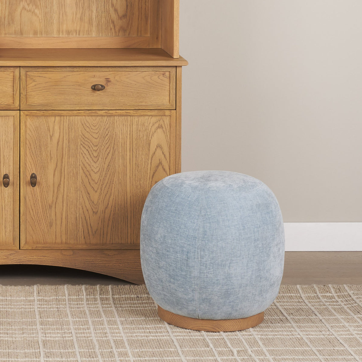 Siren French Blue Fabric w/ Brown Ash Wood Round Accent Stool
