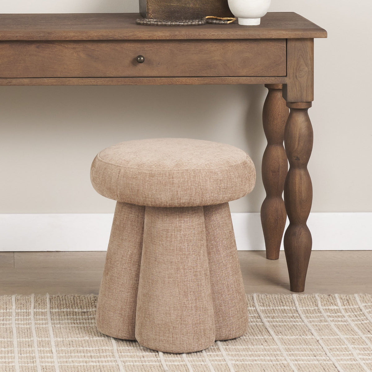 Oona Upholstered Ottoman, Stonewashed Latte Fabric, 3 Legs