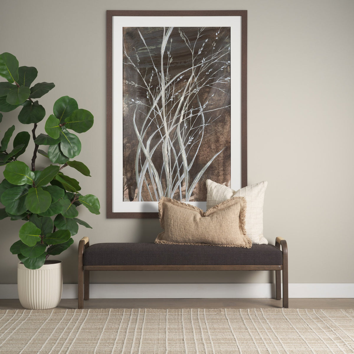 Freya Upholstered Bench, Charcoal Fabric, Brown Wood Frame