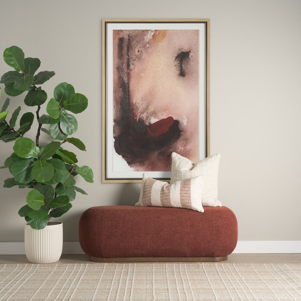 Siren Burgundy Fabric w/ Brown Ash Wood Oblong Bench