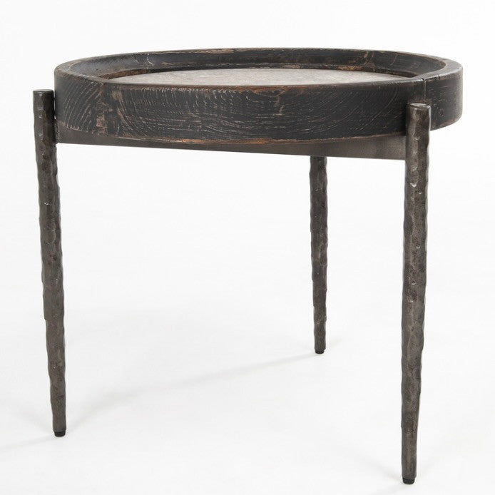 Dakota Reclaimed Wood and Travertine Round Side Table 22"