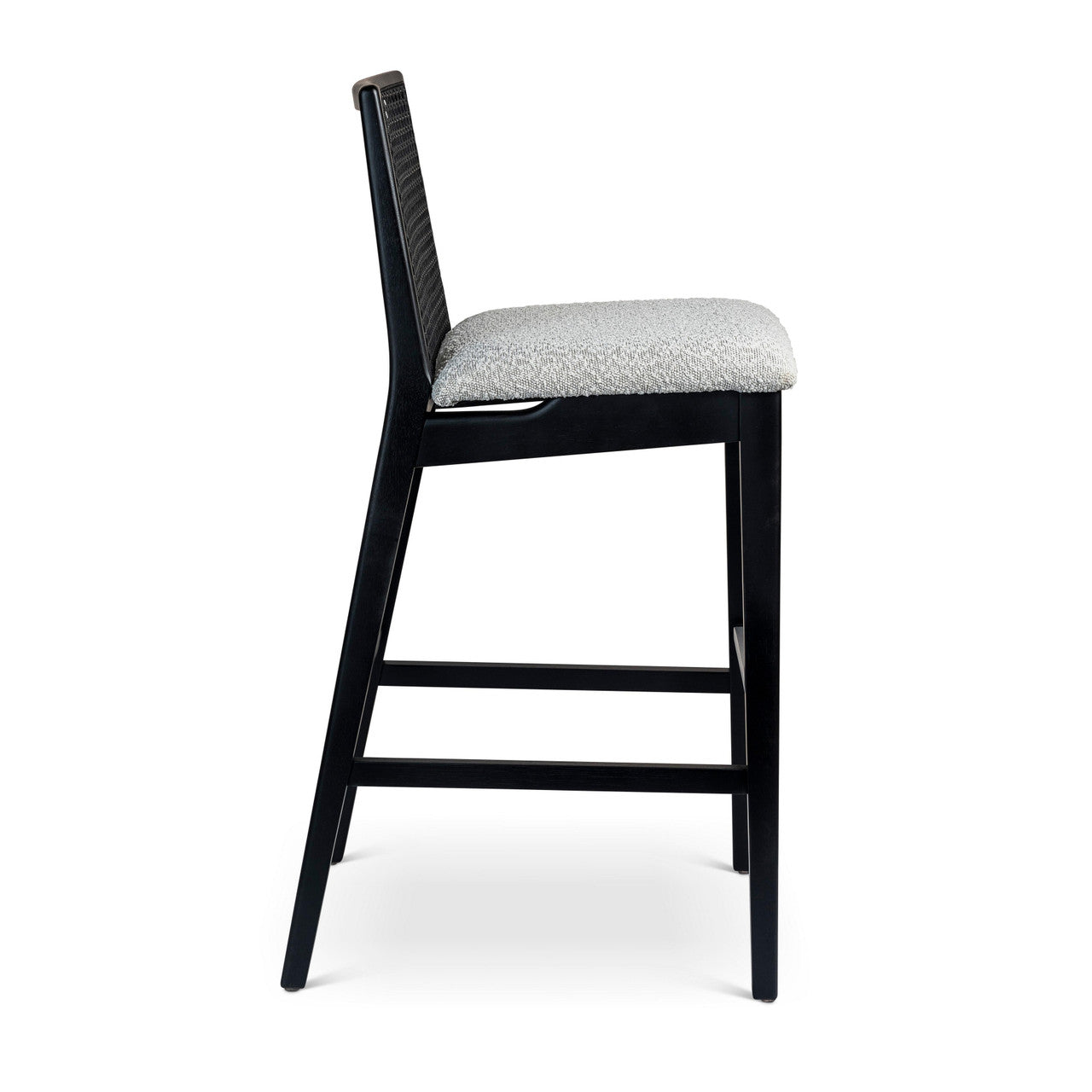 Modern Brazilian - Nardia - Cane Bar Stool - Bouclé Crafted Glaze Seat - Ebano Frame - Ebano Cane Webbing