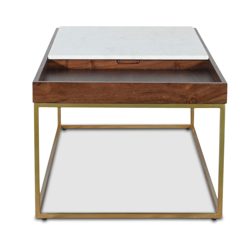 Serene 45" White Marble Coffee Table Walnut
