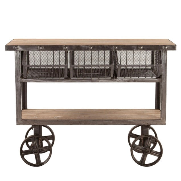 Industrial Natural Oiled Teak + Iron Rolling Kitchen Cart 48"