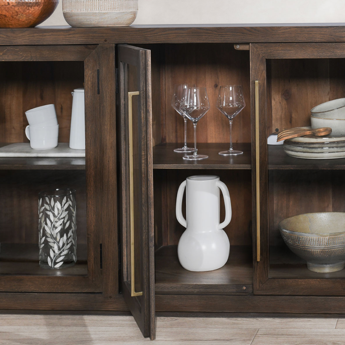 Amy Oak Wood 6 Glass Door Media Cabinet 108"
