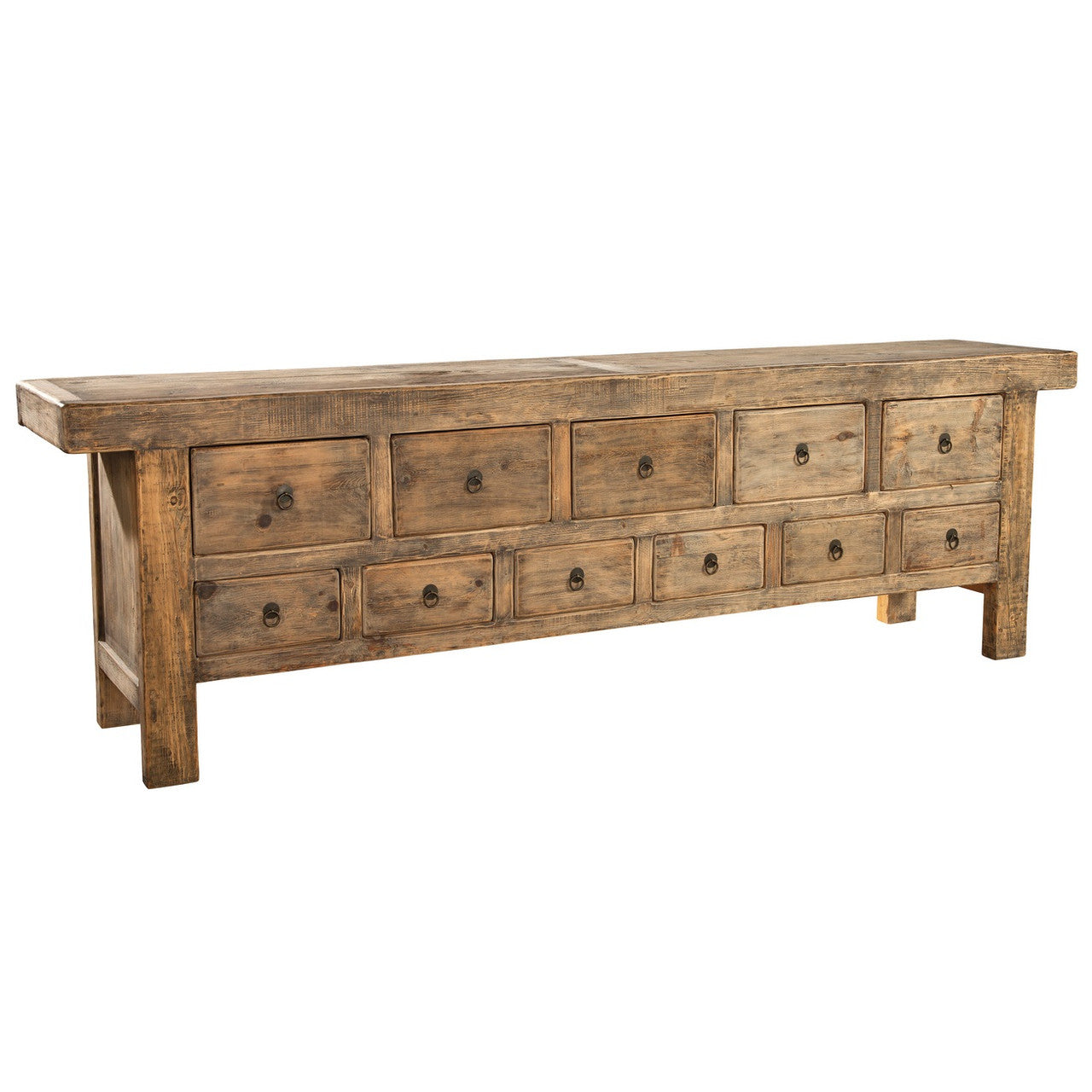 Old Reclaimed Pine Drawers Bank Credenza 114"
