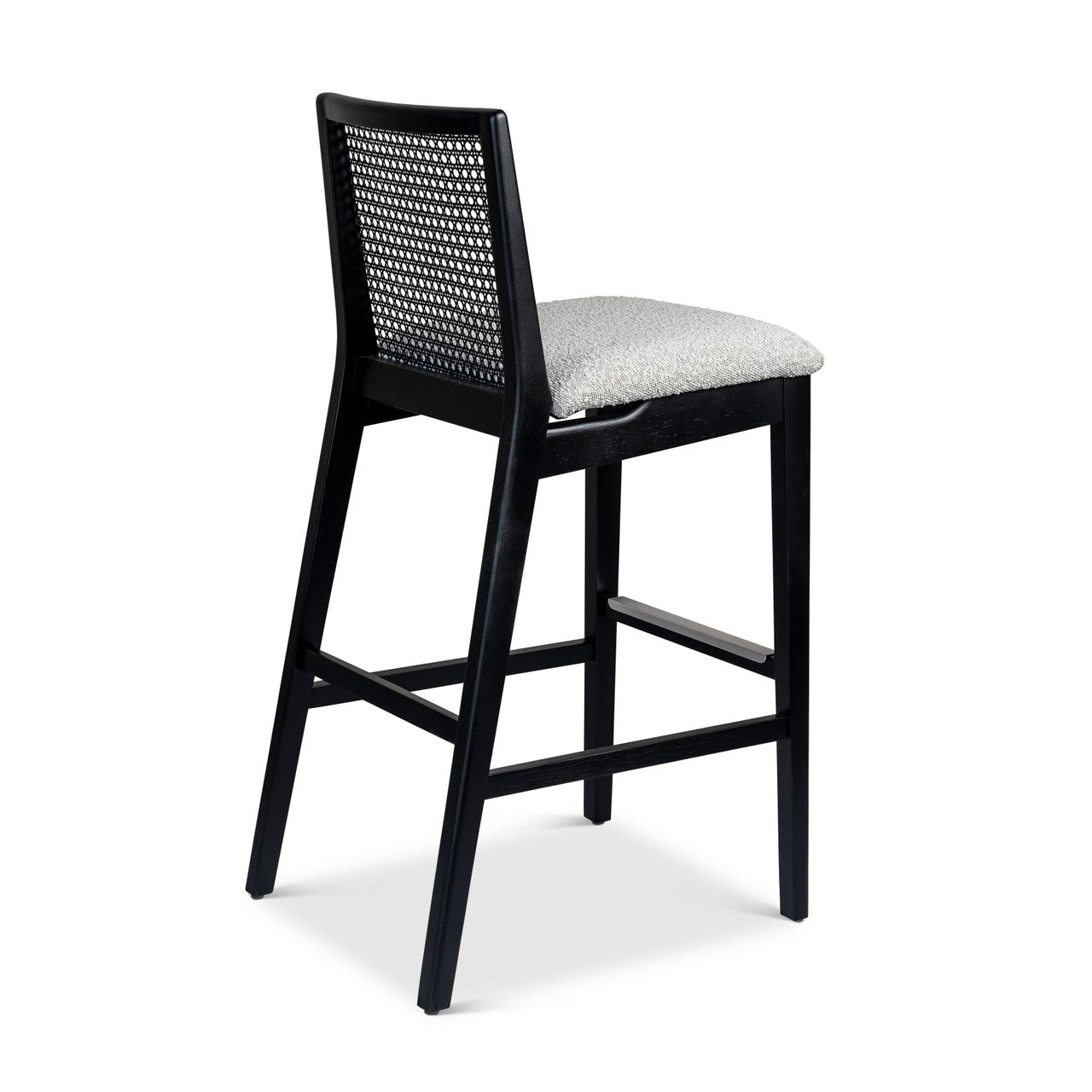 Modern Brazilian - Nardia - Cane Bar Stool - Bouclé Crafted Glaze Seat - Ebano Frame - Ebano Cane Webbing
