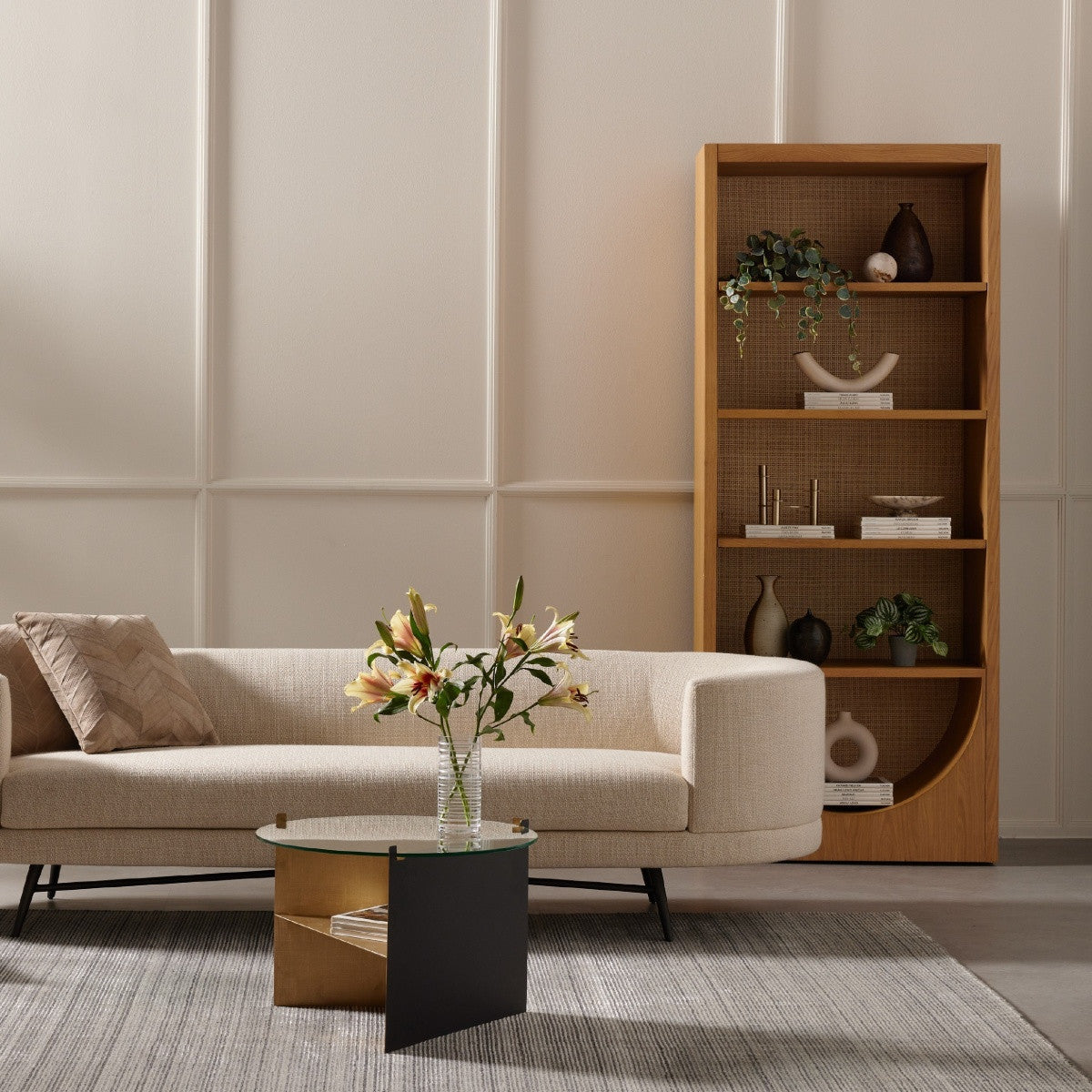 Higgs Woven Cane Back Oak Wood Bookshelf