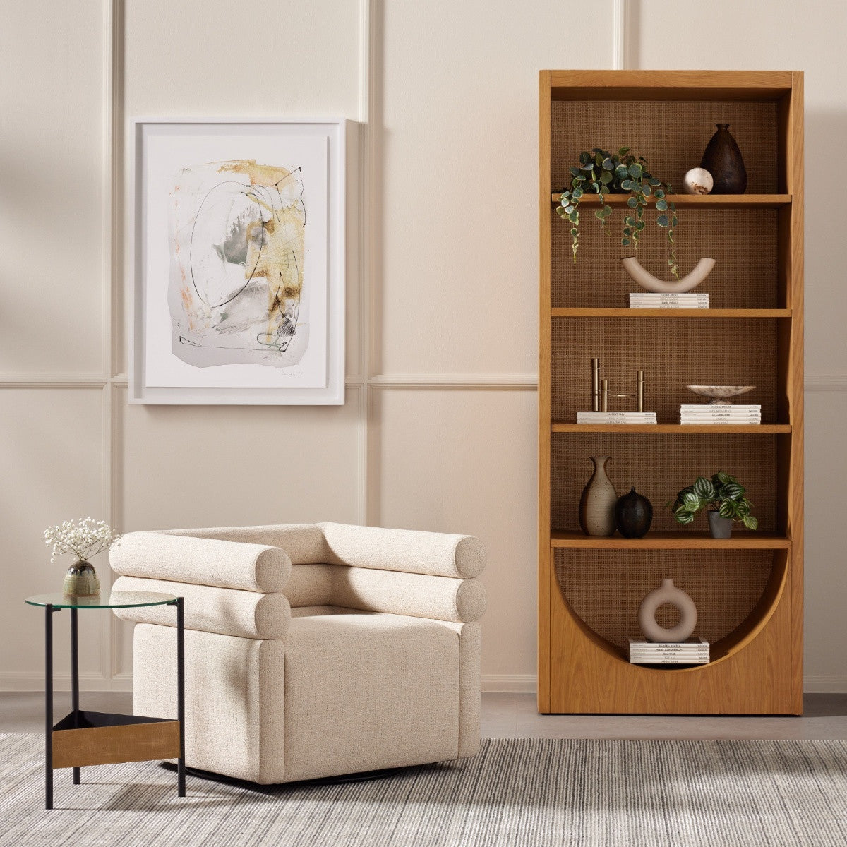 Higgs Woven Cane Back Oak Wood Bookshelf