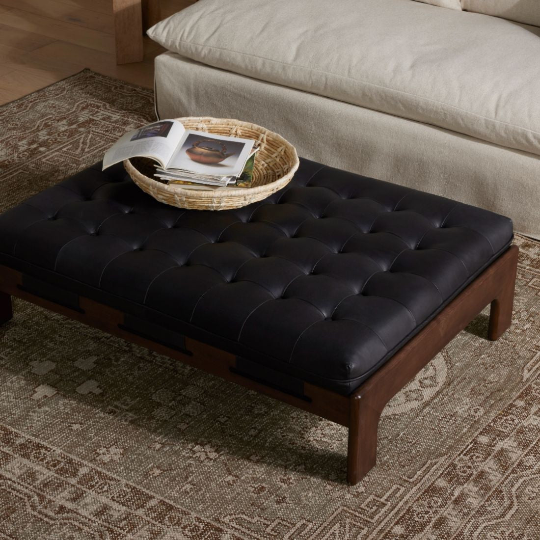 Halston Tufted Heirloom Black Leather Cocktail Ottoman