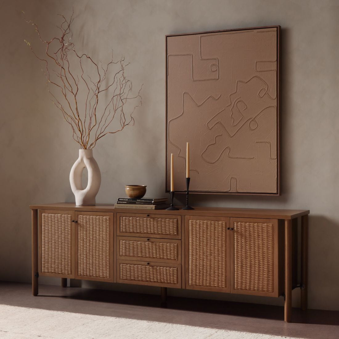 Veta Taupe Woven Cane Media Console 82"