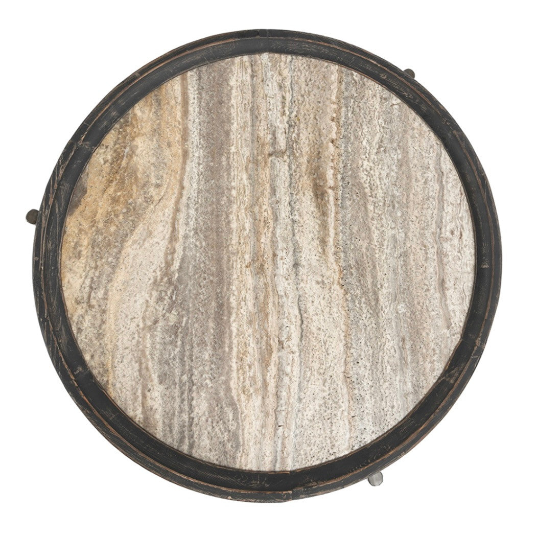 Dakota Reclaimed Wood and Travertine Round Coffee Table 36"