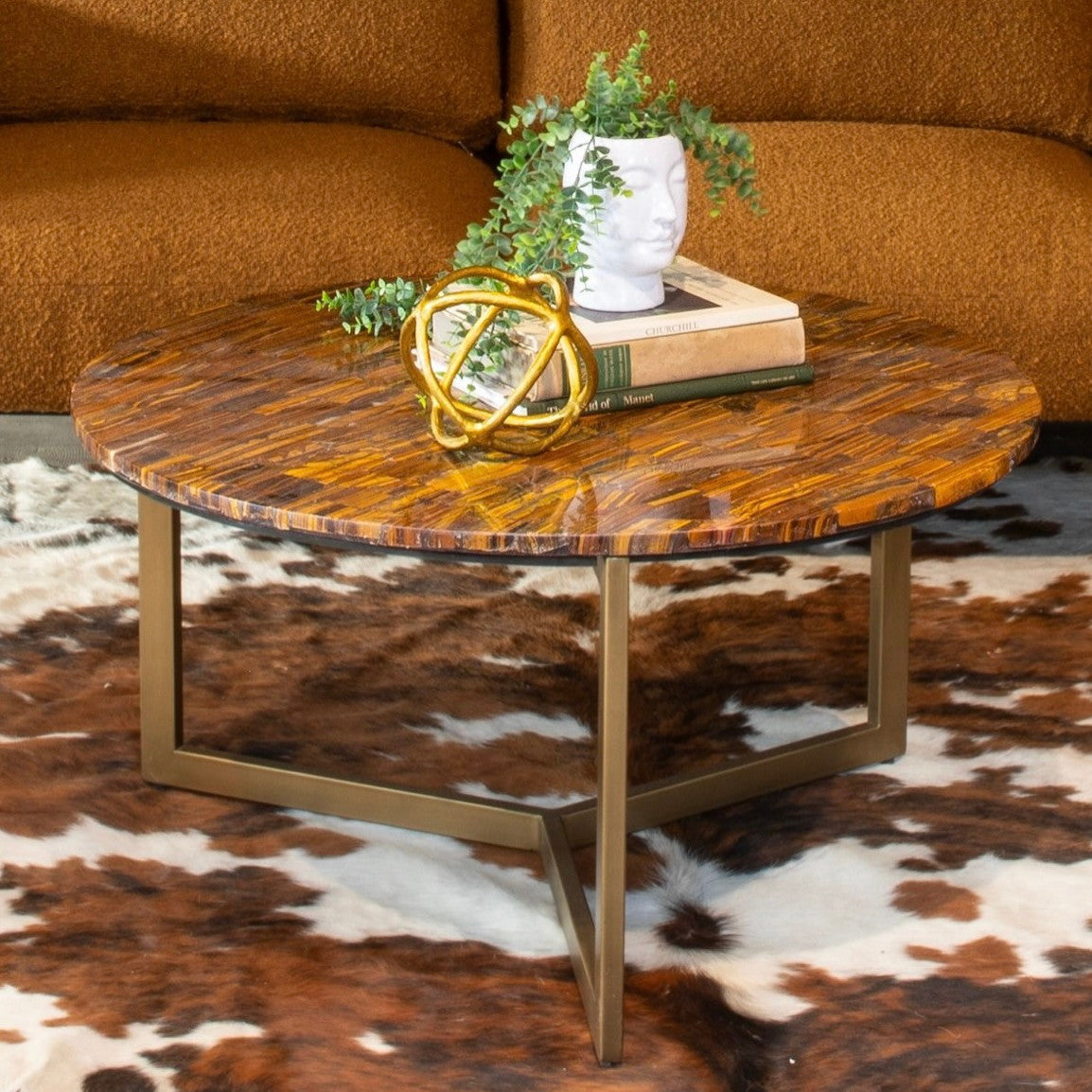 Calico Coffee Table in Tiger Eye with Iron Base 36"