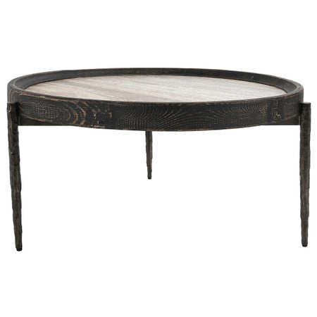 Dakota Reclaimed Wood and Travertine Round Coffee Table 36"