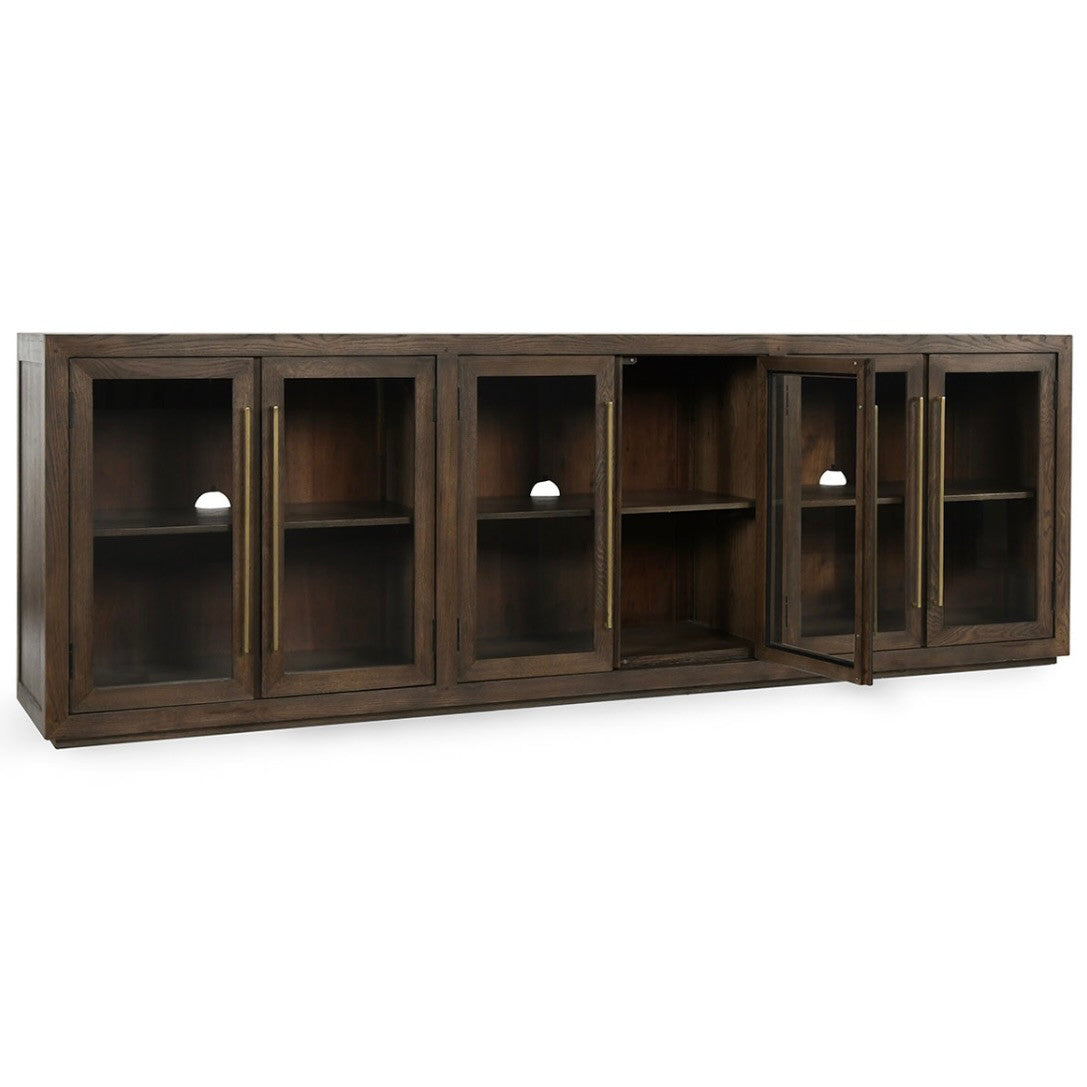 Amy Oak Wood 6 Glass Door Media Cabinet 108"