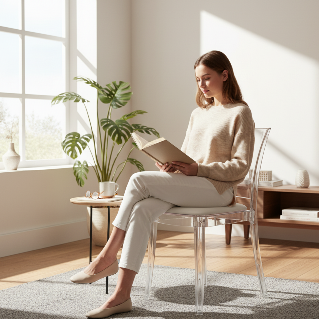 Cristalia Transparent Dining Chair With Ivory Leather Seat