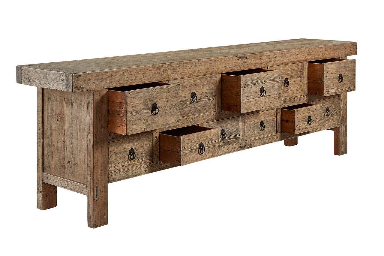 Old Reclaimed Pine Drawers Bank Credenza 114"