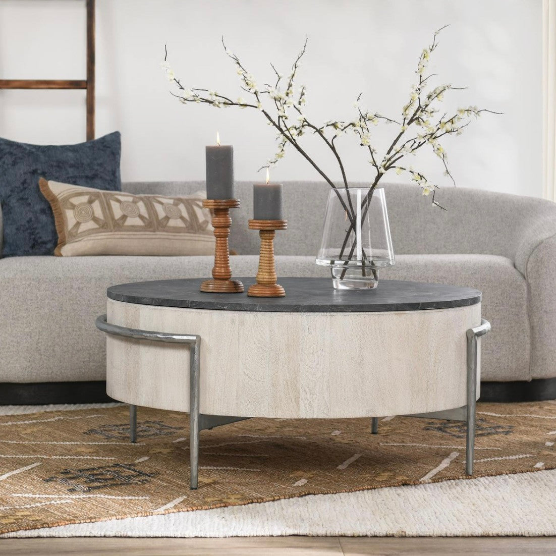Honor 42" Round White Wash and Grey Coffee Table