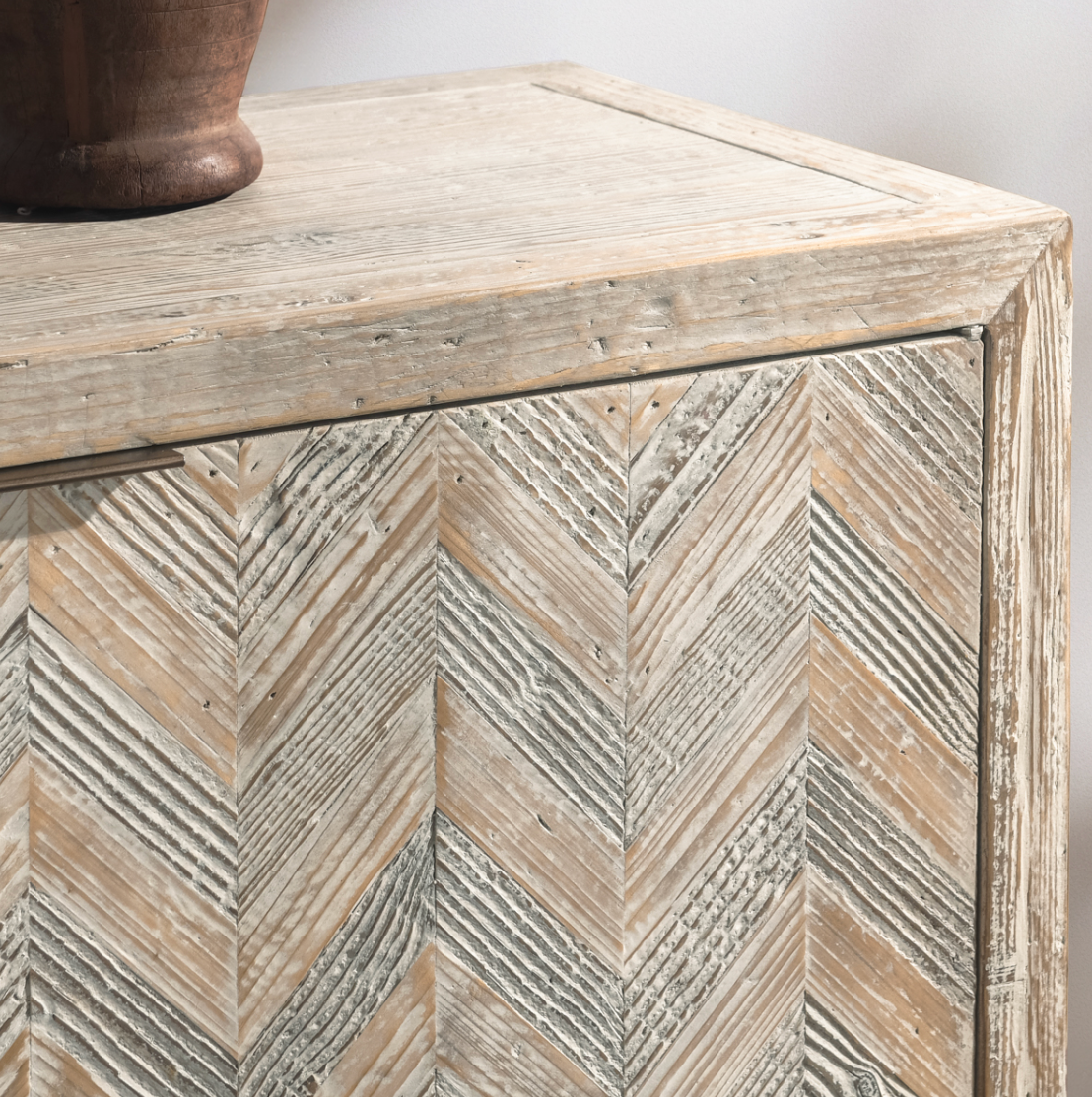 Sabrina 94" Reclaimed Pine Chevron Patterned 4-Door Cabinet