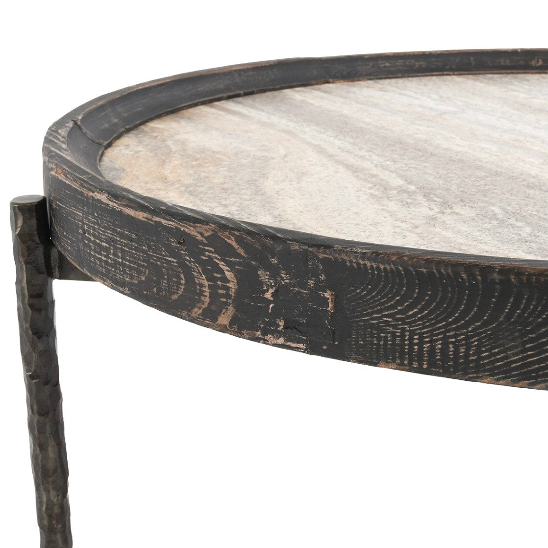 Dakota Reclaimed Wood and Travertine Round Coffee Table 36"