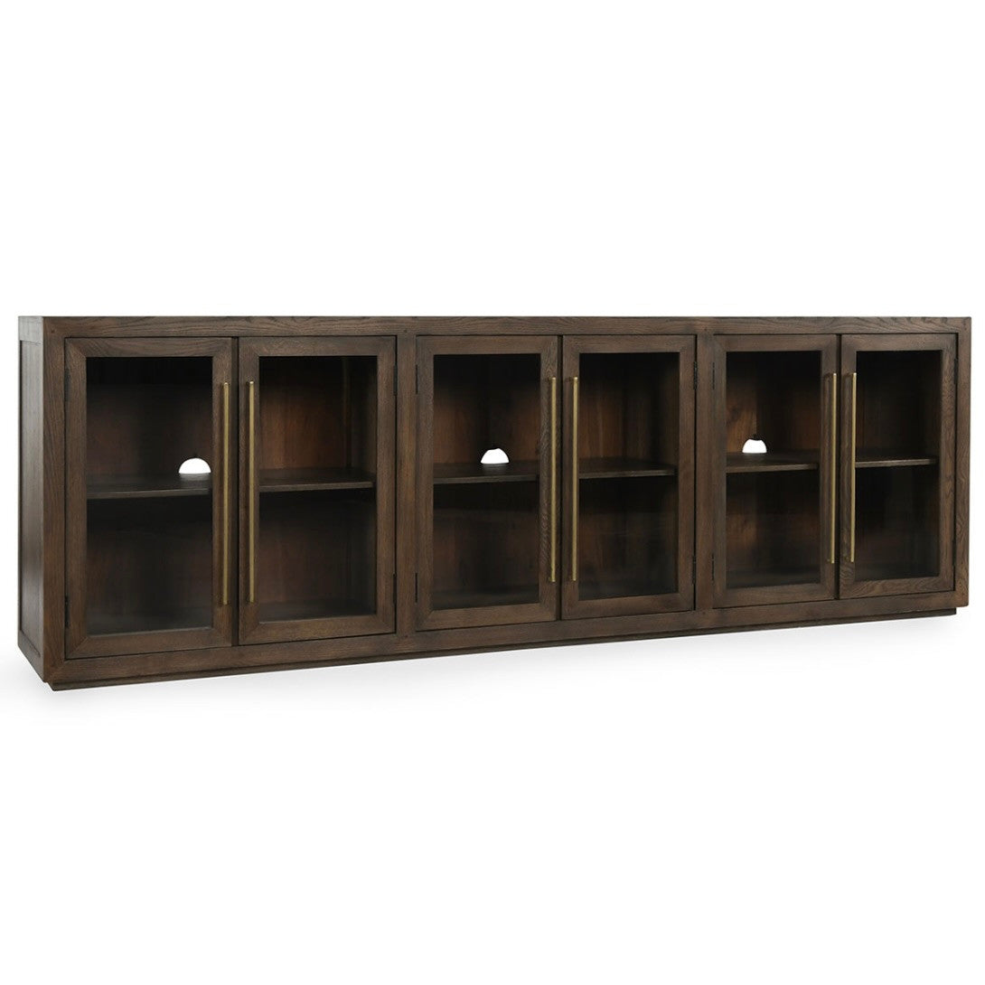 Amy Oak Wood 6 Glass Door Media Cabinet 108"