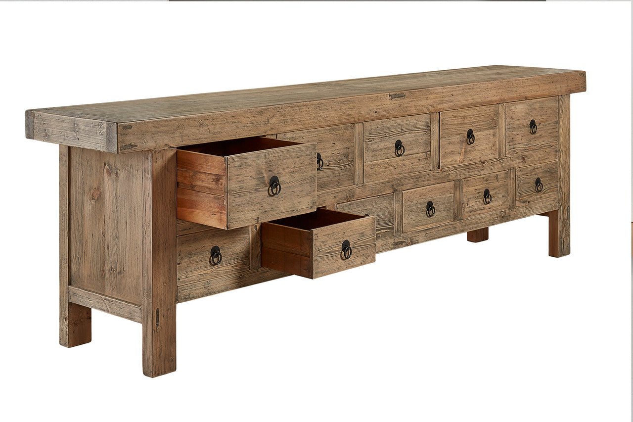 Old Reclaimed Pine Drawers Bank Credenza 114"