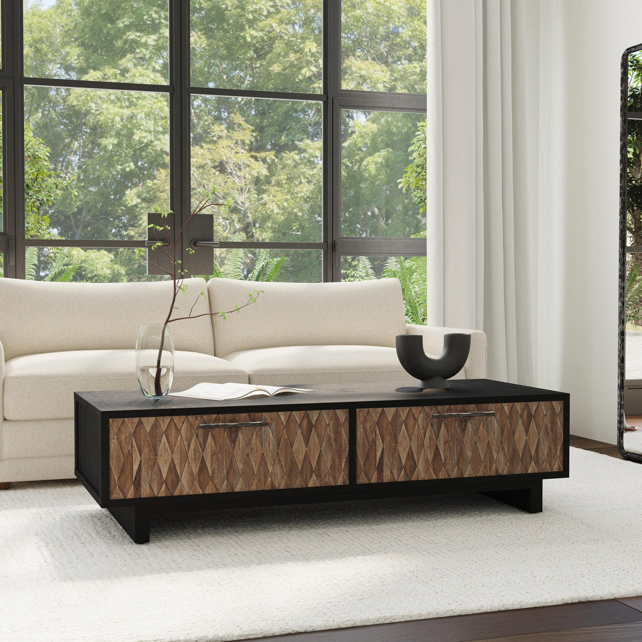 Anton Solid Wood Rectangle 4Dwr Coffee Table - Black-Natural