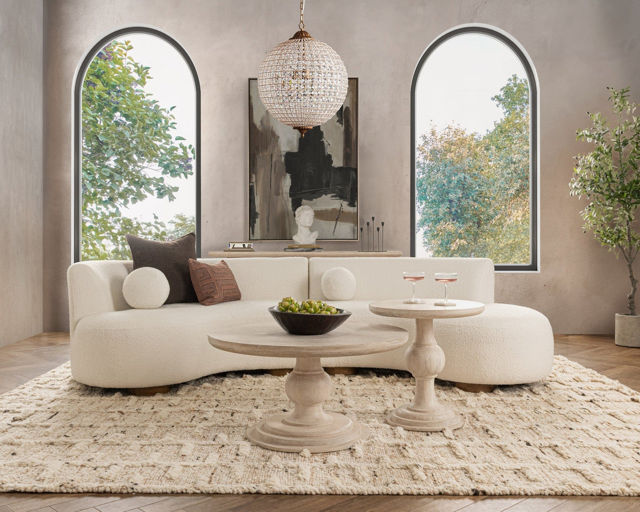 Luna Whitewash Solid Wood Round Pedestal Coffee Table 40"