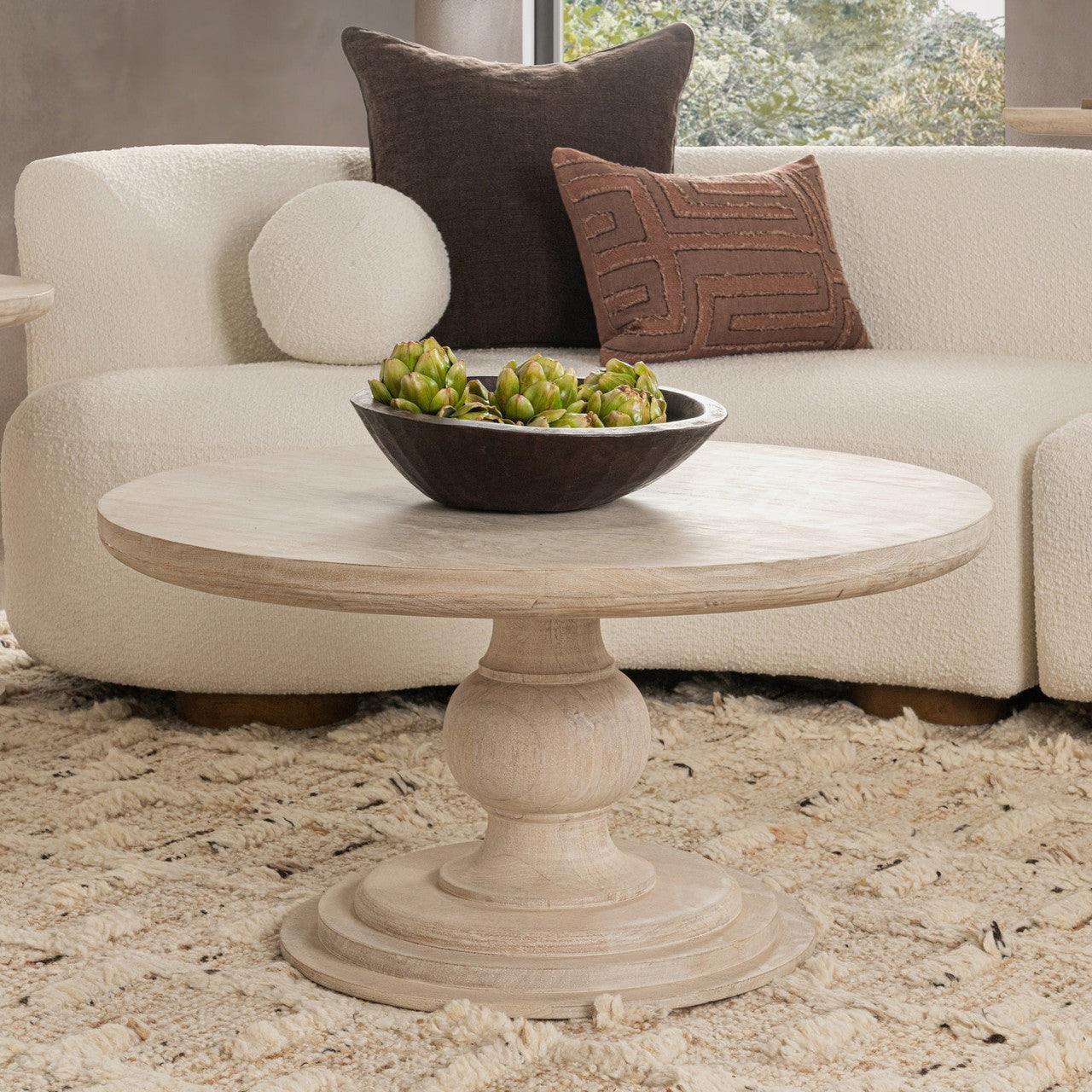 Luna Whitewash Solid Wood Round Pedestal Coffee Table 40"