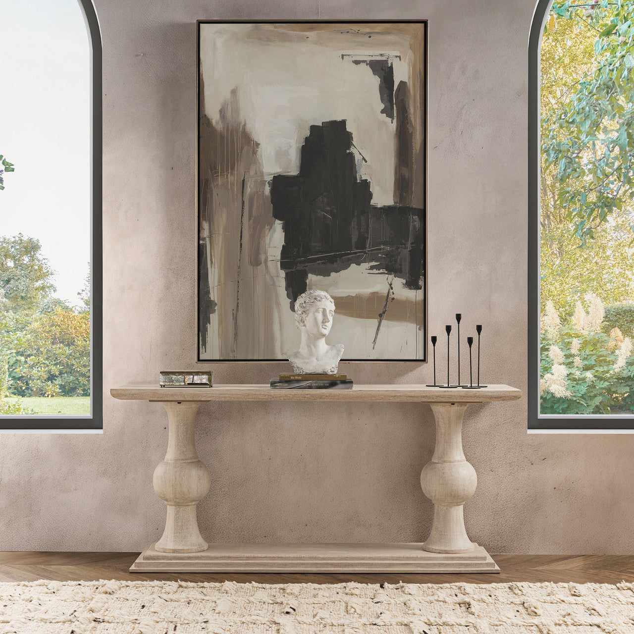 Luna Whitewash Solid Wood Pedestal Console Table 68"