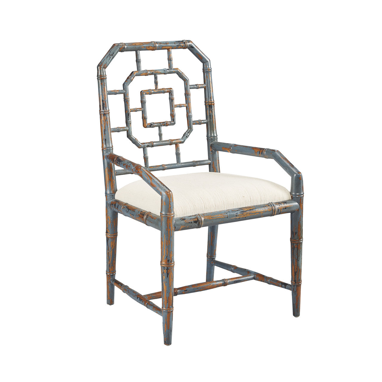 Chippendale Geometric Back Aged Blue Arm Chair