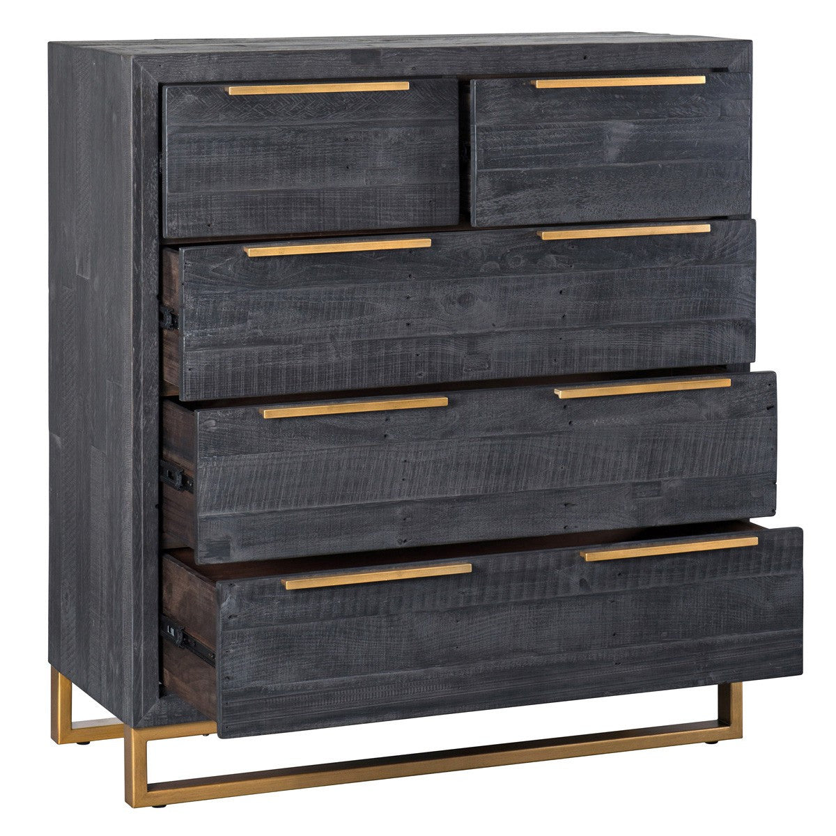 Elle Brass Leg Reclaimed Wood 5 Drawer Dresser, Black