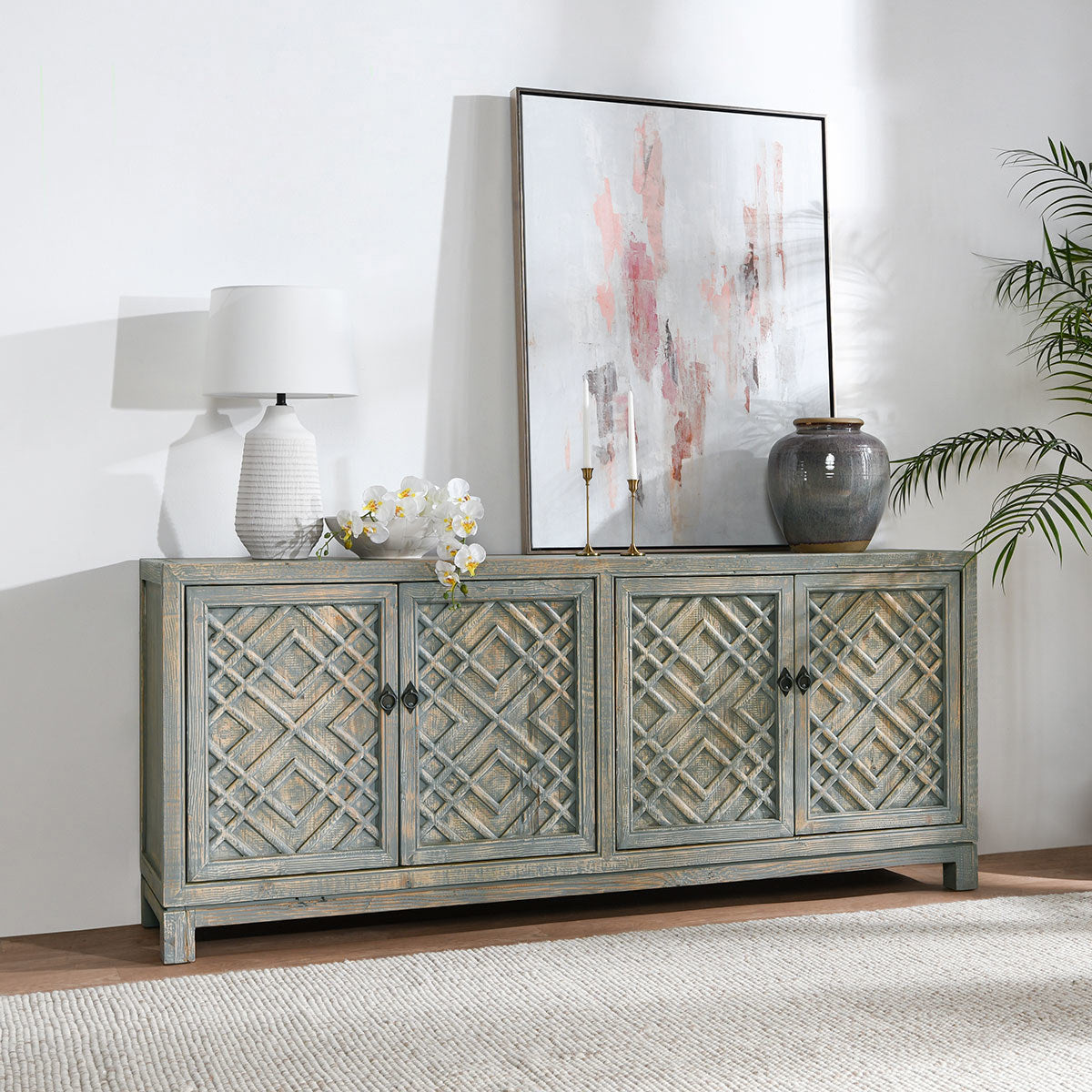 Antigua 4 Door Cabinet - Timeworn Gray - Antique Blue