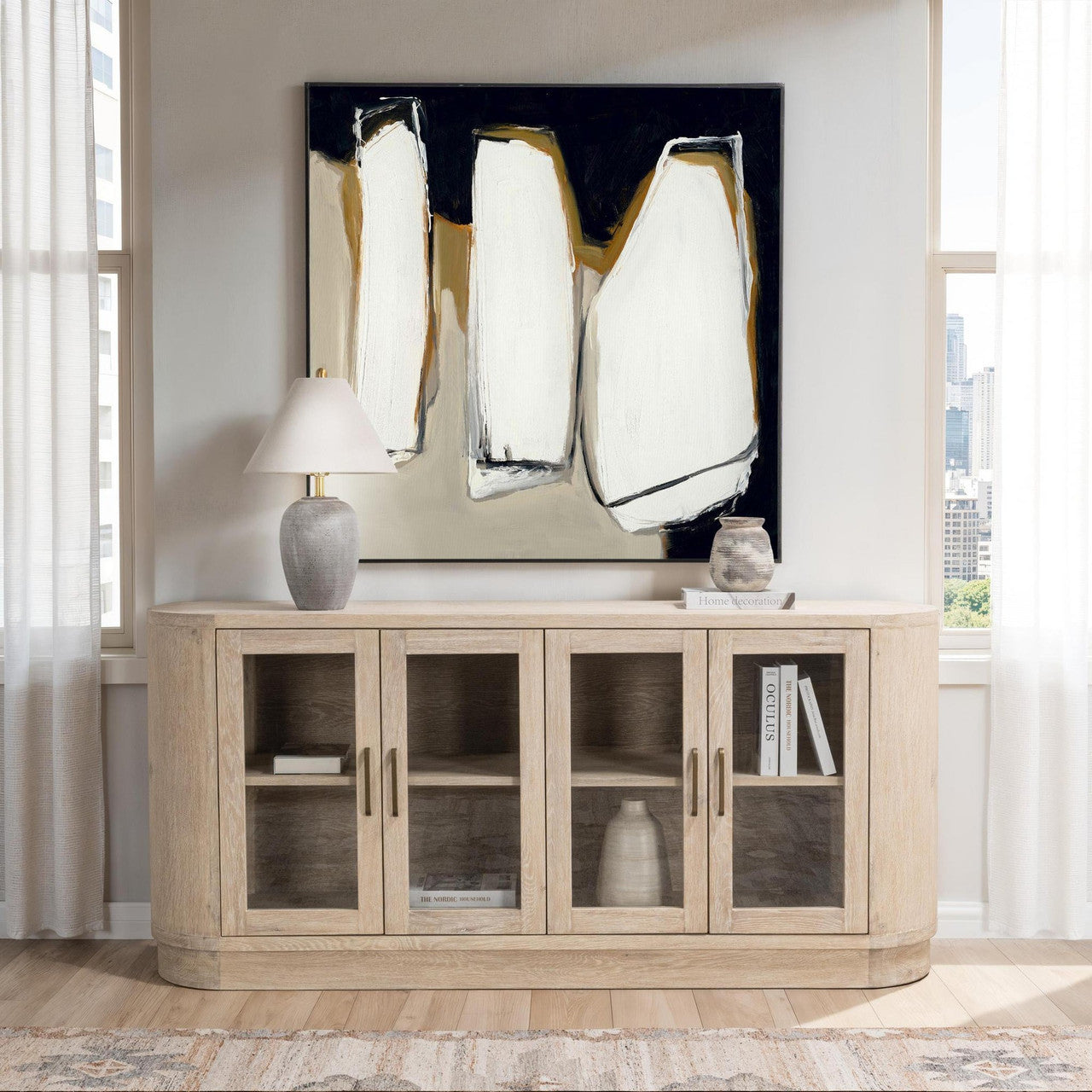 Travelle Cream Wash Oak Wood 4 Door Oval Buffet 78"