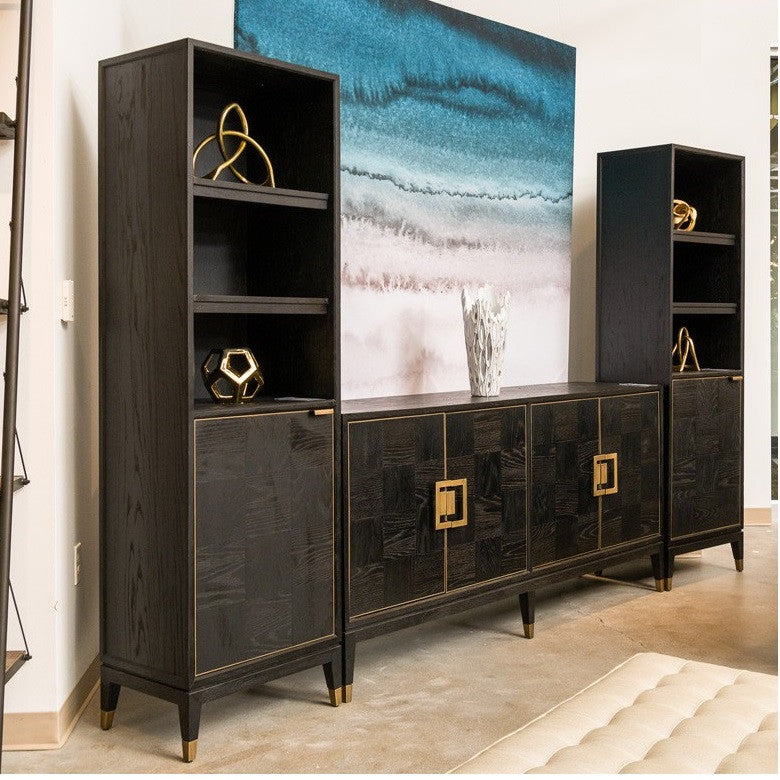 Art Deco Black Oak Wood Sideboard with Brass