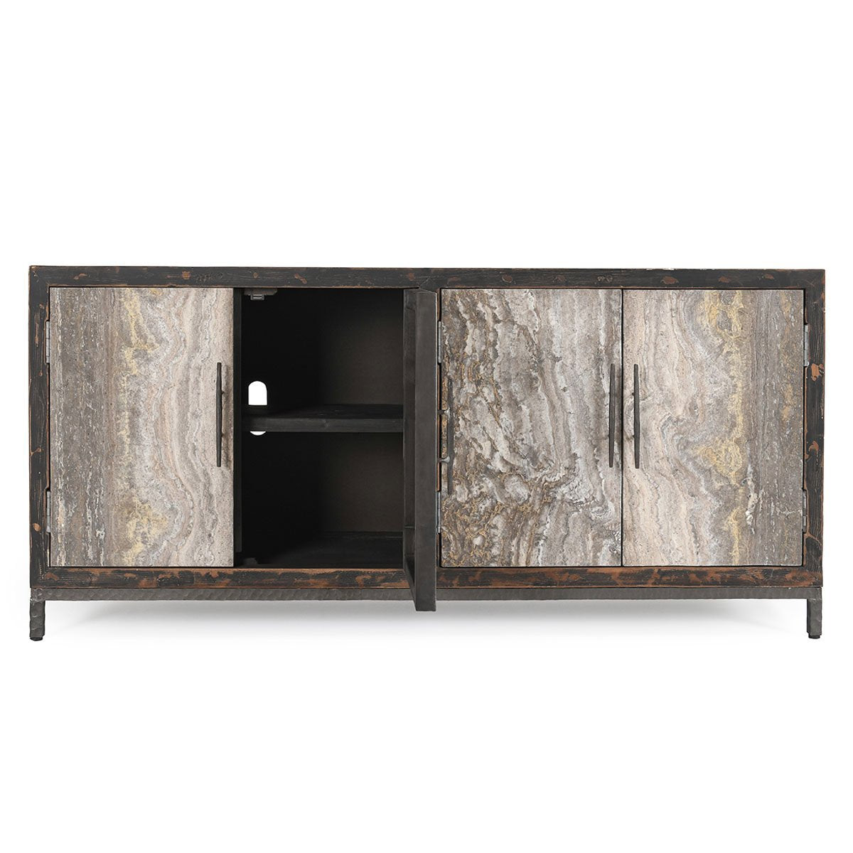 Lisbon 4 Door Cabinet - Weathered Black/Travertine