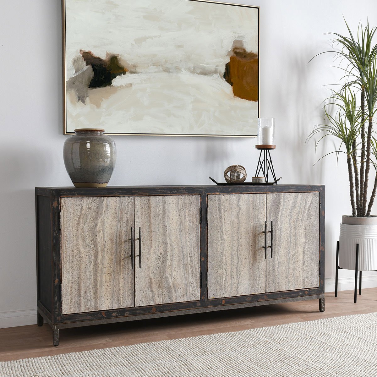 Lisbon 4 Door Cabinet - Weathered Black/Travertine