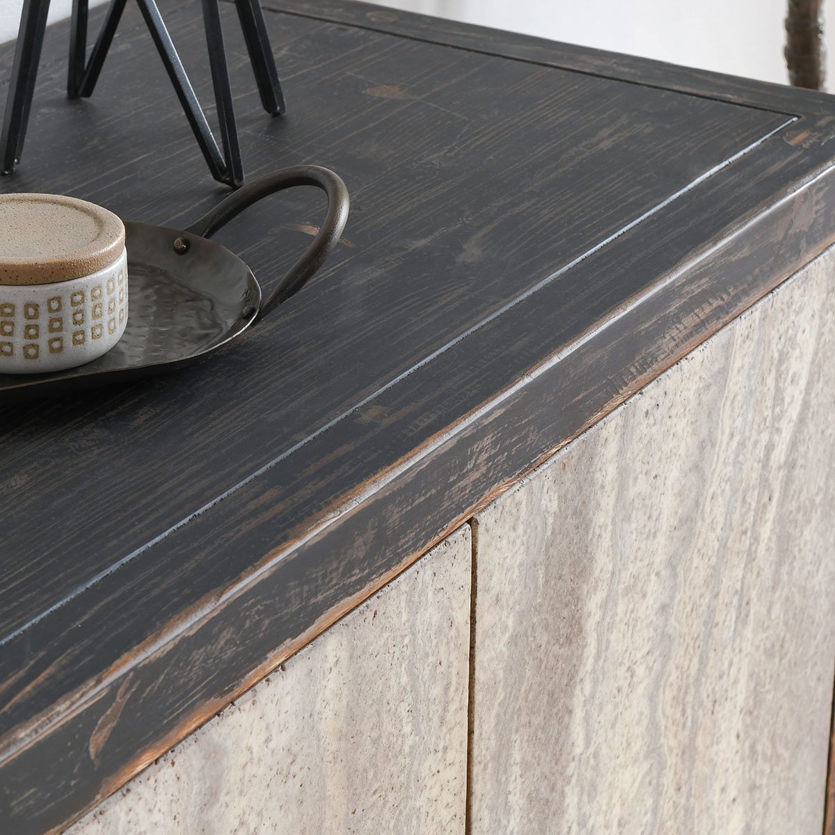 Lisbon 4 Door Cabinet - Weathered Black/Travertine