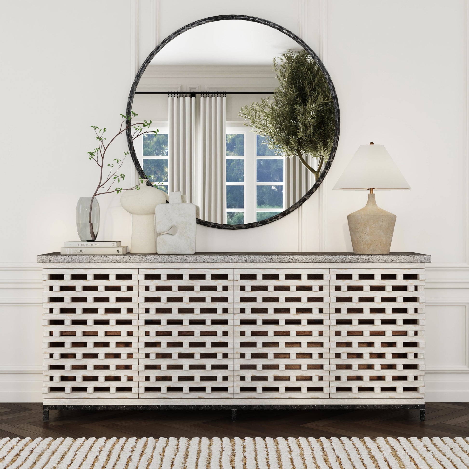 Virginia 4 Door Cabinet - Timeworn Cream/Blue Stone - Vintage Cream