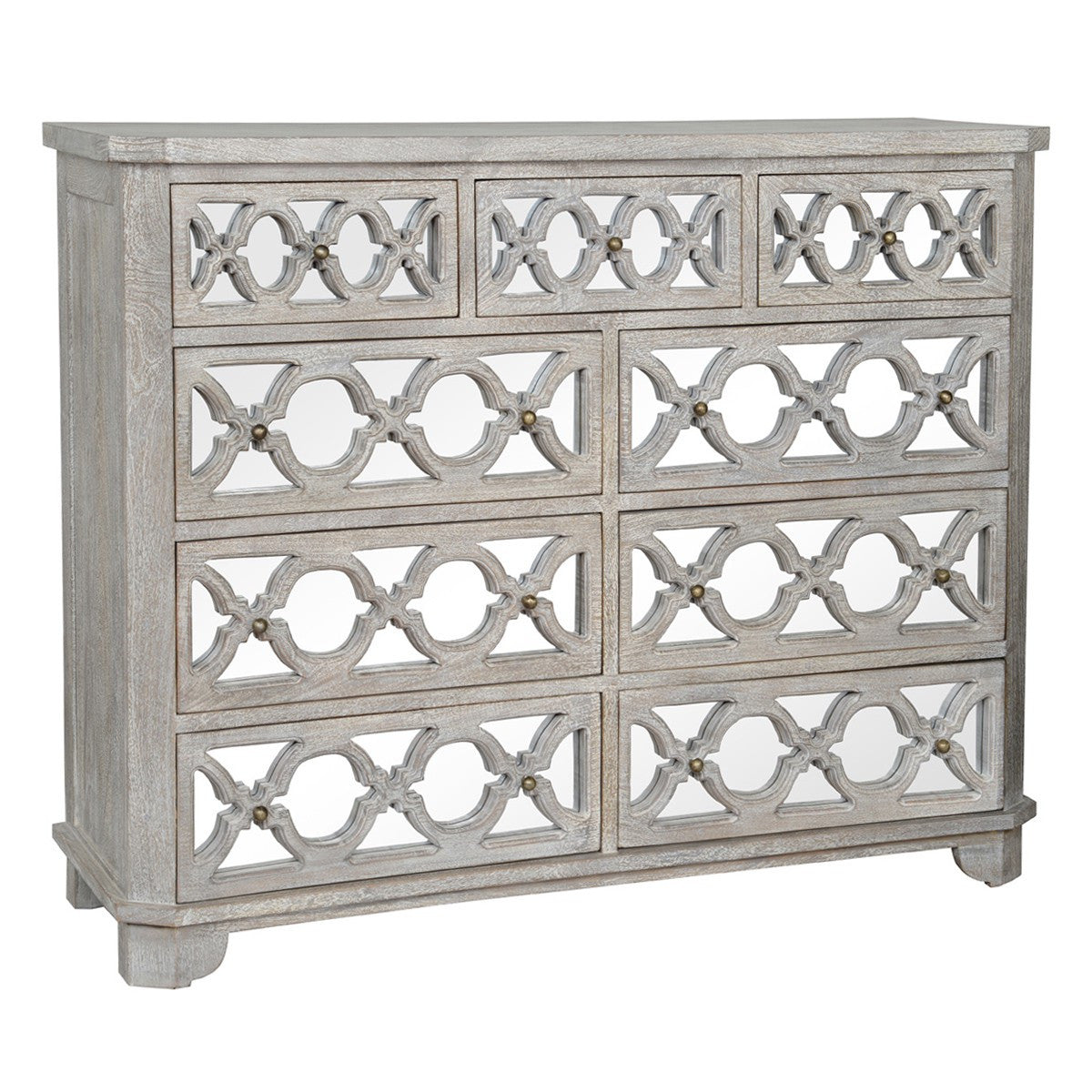 Lattice Whitewash Wood Mirrored 9 Drawer Dresser